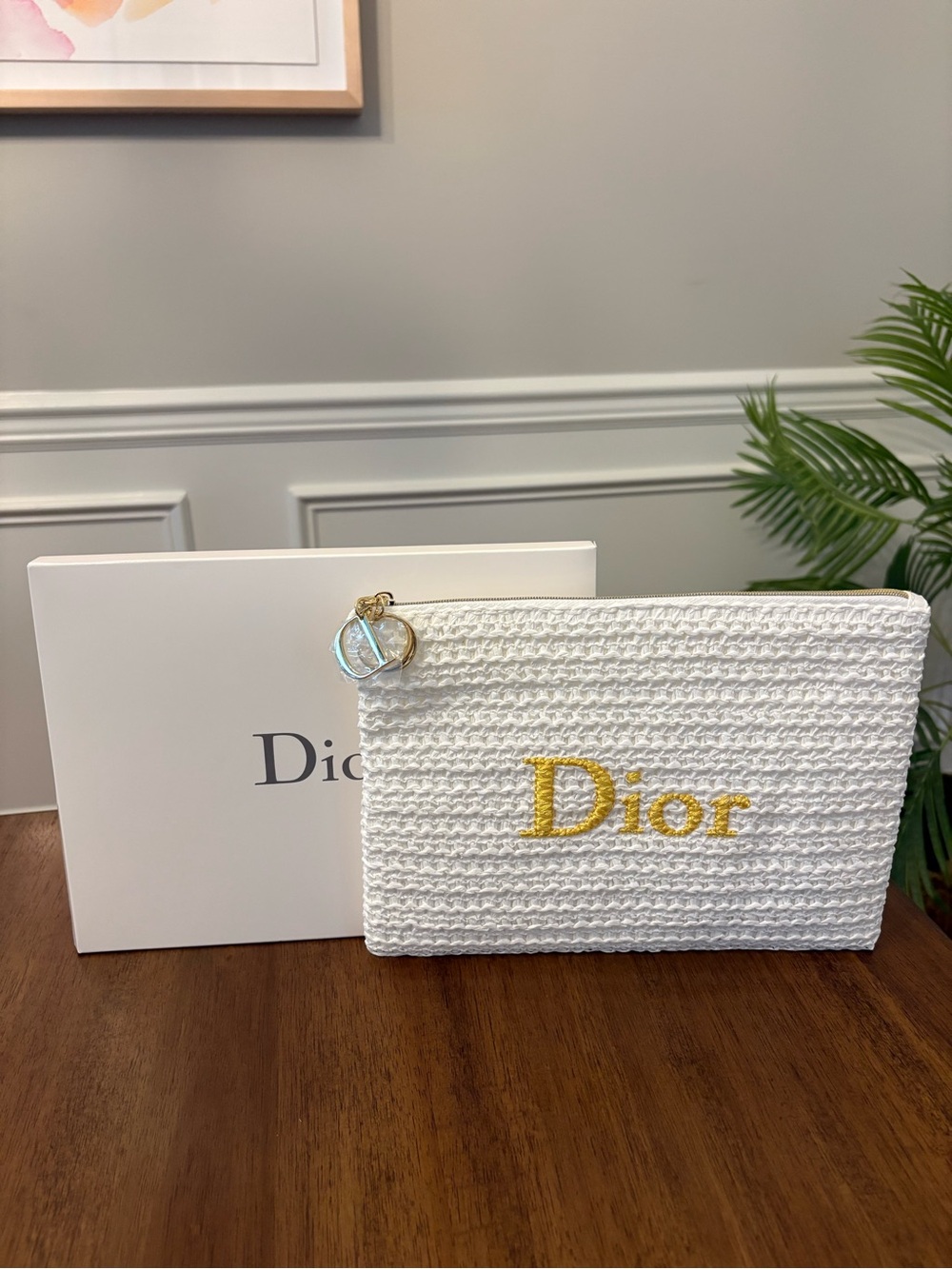 Dior White Woven Cosmetic Pouch with Gold Embroidered Logo and Charm - Picture 1 of 7